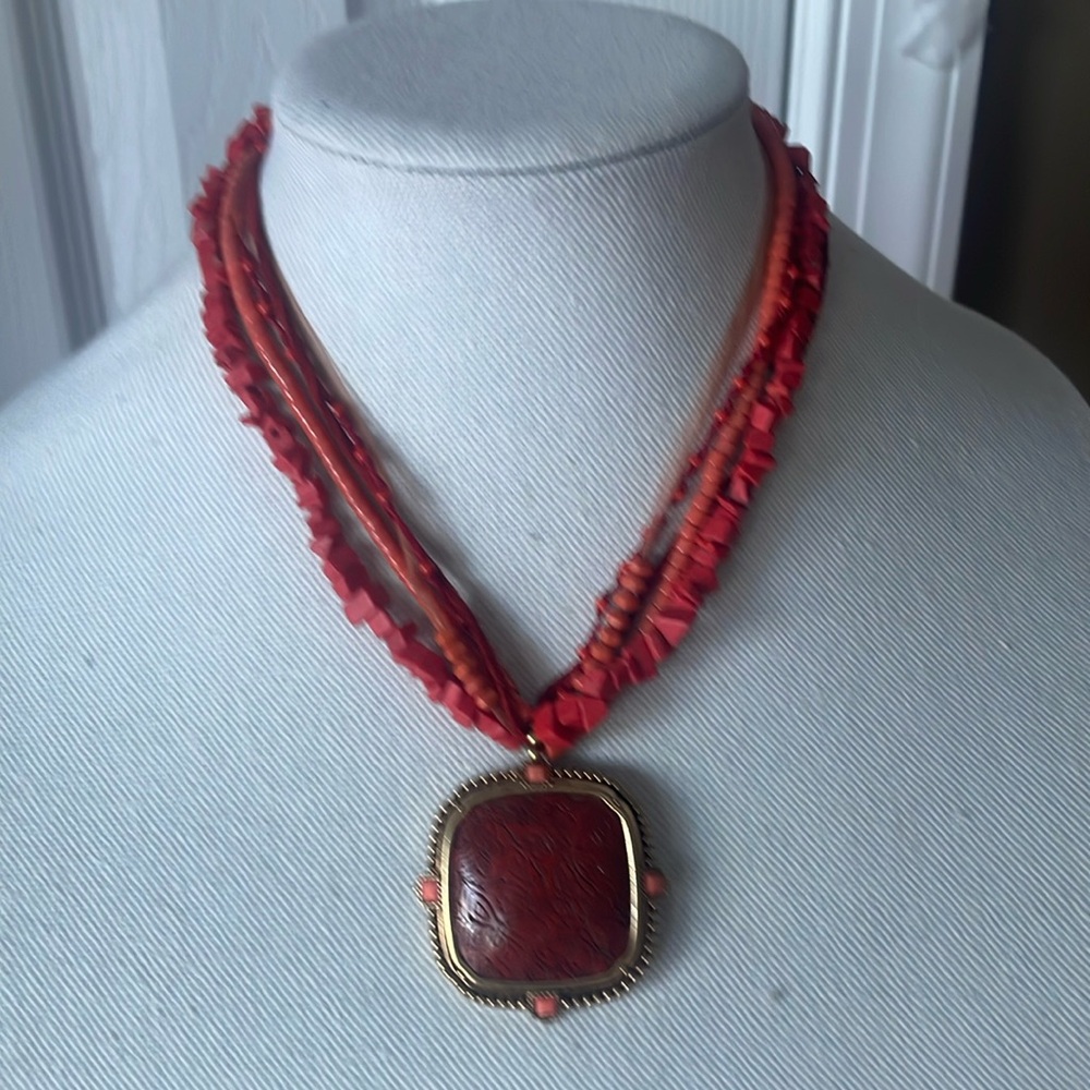 Vintage Monet Red Multi Strand Chunky Adjustable Necklace w/ Gold Hook Clasp